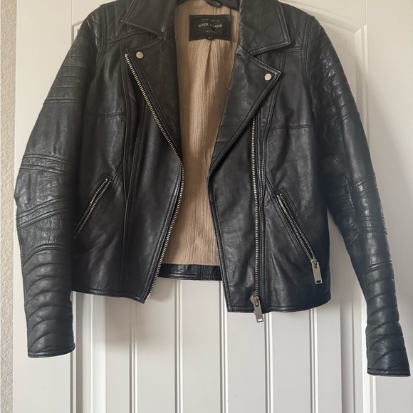 River Island real leather jacket black motorcycle jacket used size 10 - Picture 3 of 8